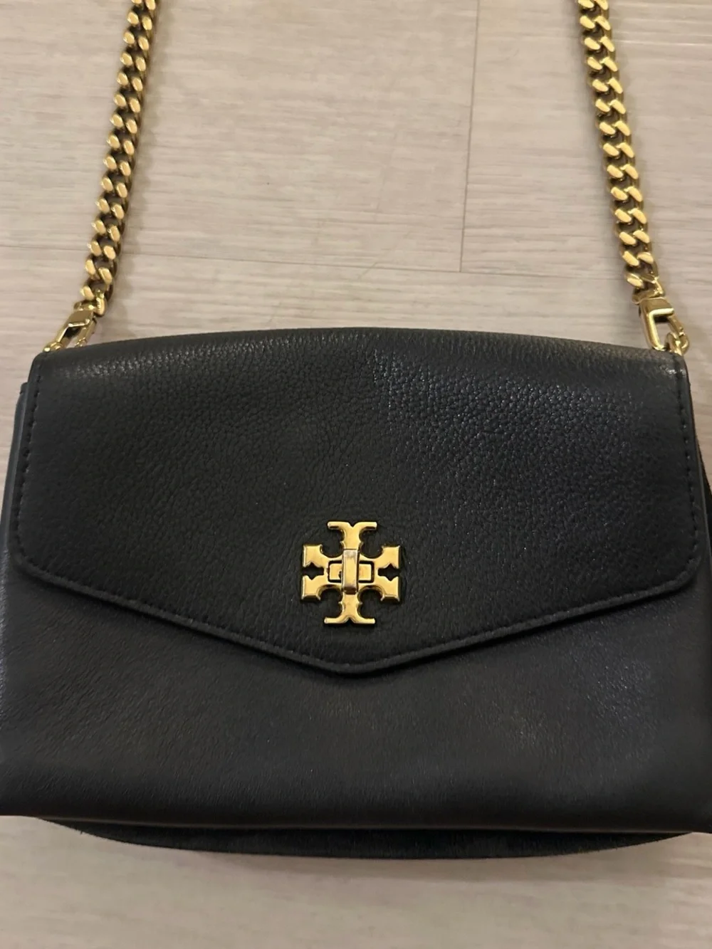 Tory Burch Black Leather Crossbody with Gold Chain Strap